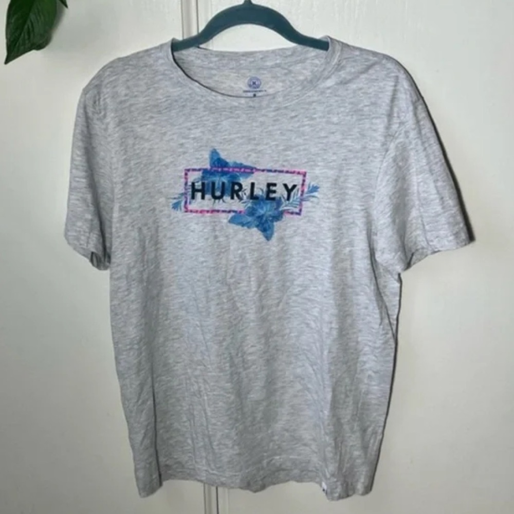Hurley Gray with Blue Pink and Black Tropical Logo Crew-neck Shirt Mens Medium